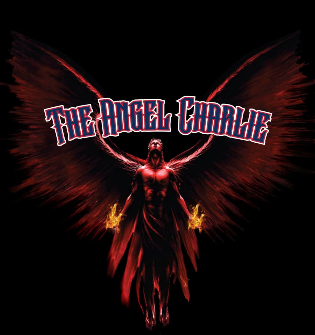 A red angel with flames and the words " the angel charlie ".