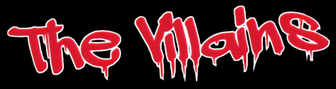 A red and white logo with the word " villians ".