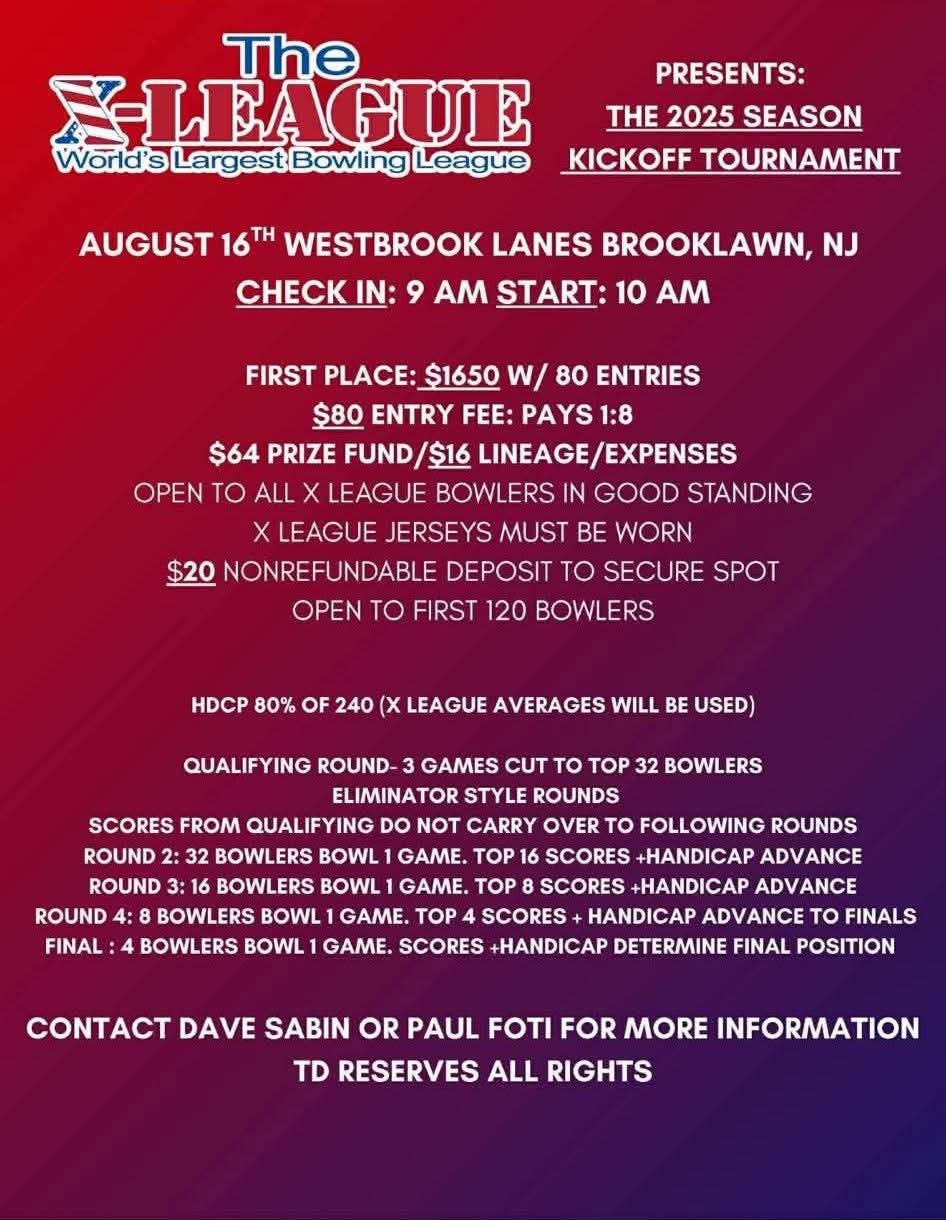Flyer for Westbrook Lanes NJ Jackpot Tournament with details on date, fees, and prizes.